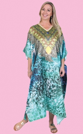 Health Pride - Satin Caftan Emerald Leopard