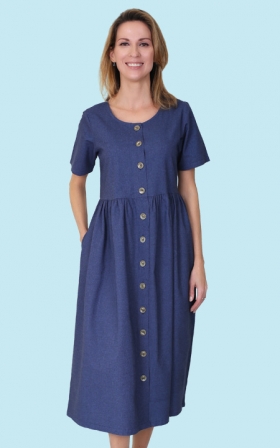 Indigo Cotton Button-Front Dress