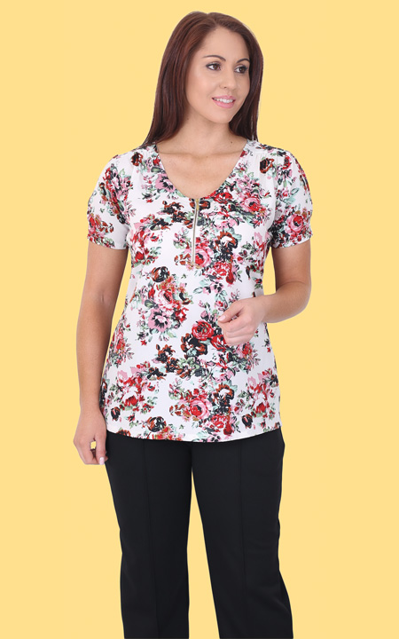 Short Sleeve Floral Top With Zip