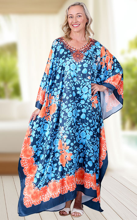 Sky Blue Floral Satin Caftan