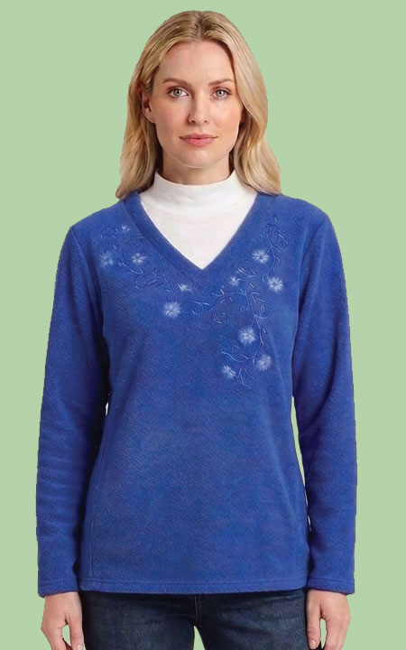 Mock Neck Fleece Embroidered Top