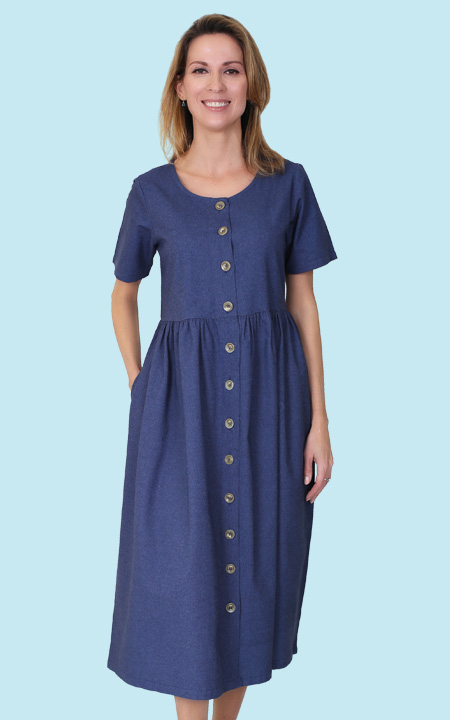 Indigo Cotton Button-Front Dress